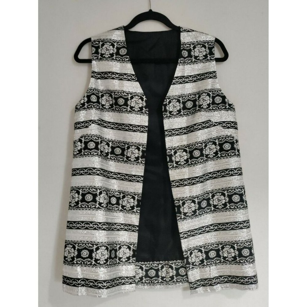 Vtg Hippie Groovy Mod Women's Long Open Vest 60s 70's Black Silver Metallic S/M